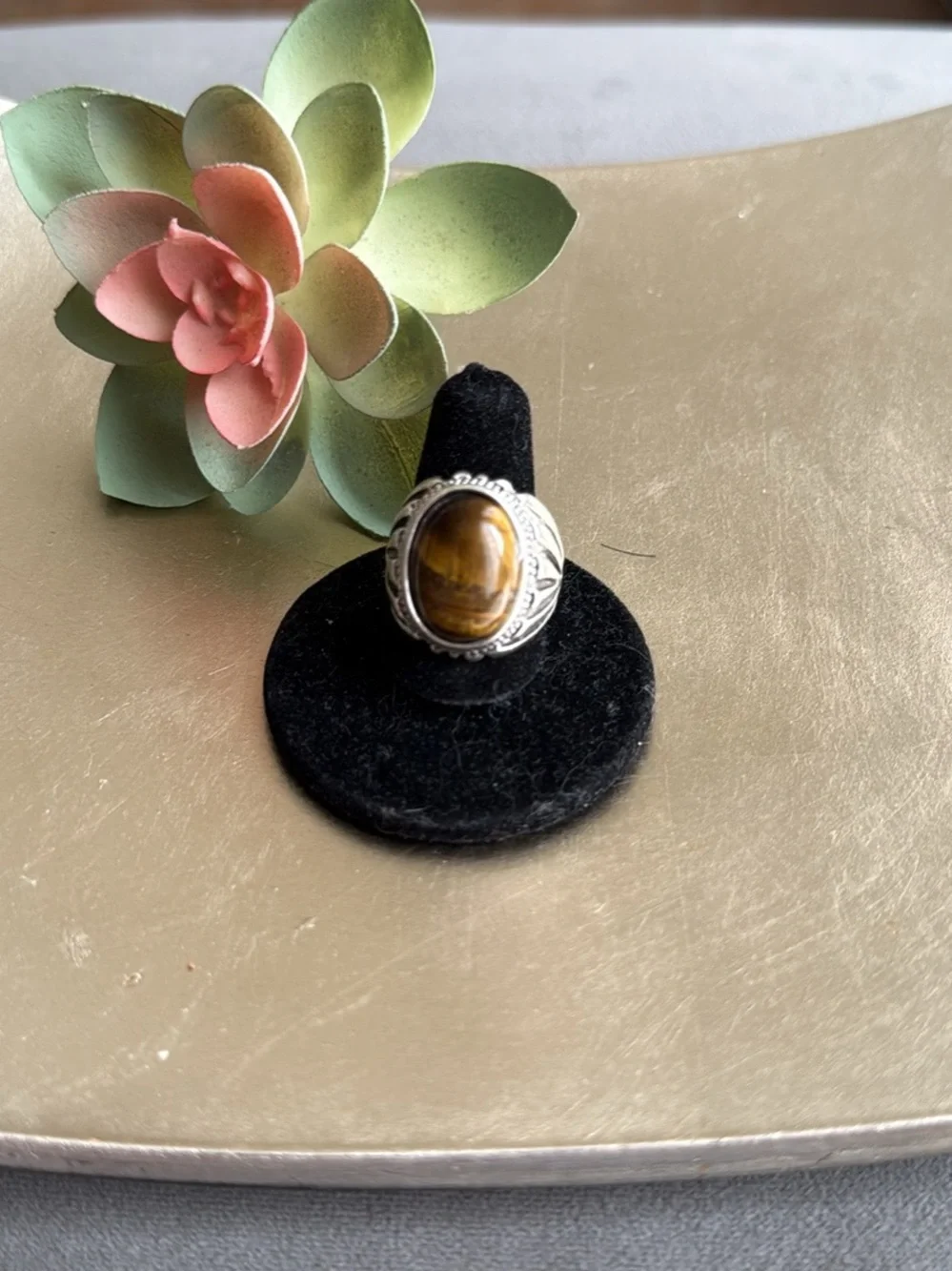 Silver Tone Tiger's Eye Statement Ring - Brown Southwest Chunky Size 10.5